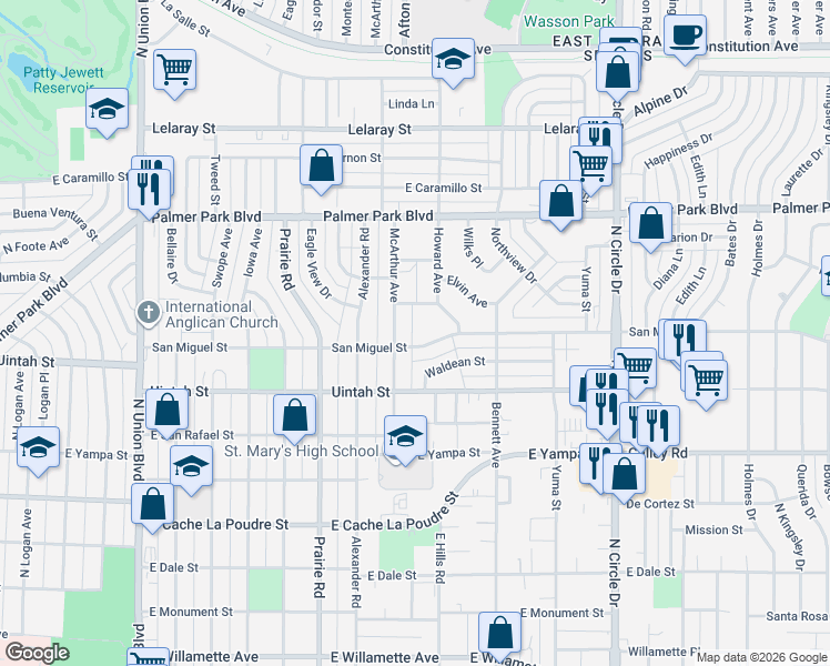 map of restaurants, bars, coffee shops, grocery stores, and more near 2509 East San Miguel Street in Colorado Springs