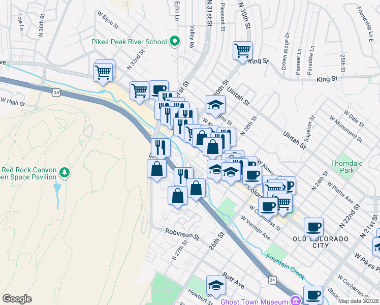 map of restaurants, bars, coffee shops, grocery stores, and more near 2819 West Cucharras Street in Colorado Springs
