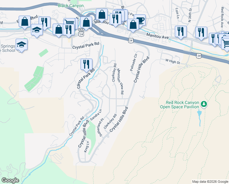 map of restaurants, bars, coffee shops, grocery stores, and more near 30 Mountain View Road in Manitou Springs