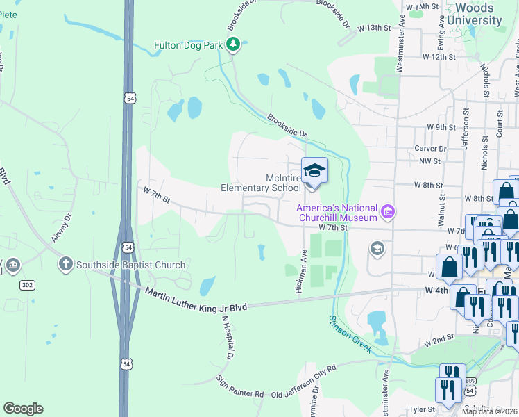 map of restaurants, bars, coffee shops, grocery stores, and more near 704-706 West 7th Street in Fulton