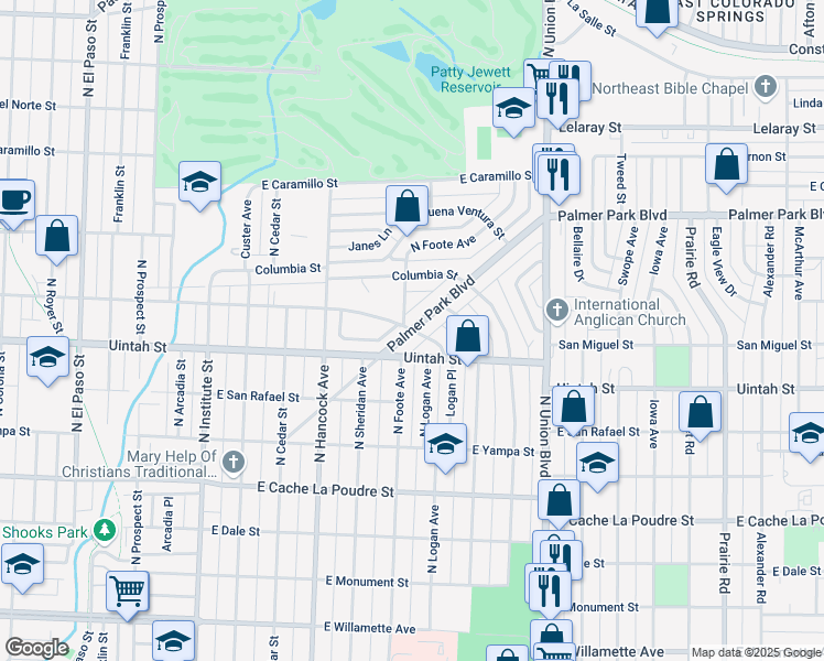 map of restaurants, bars, coffee shops, grocery stores, and more near Palmer Park Blvd & E San Miguel St in Colorado Springs