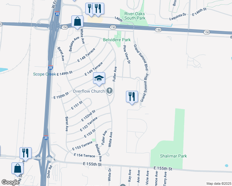 map of restaurants, bars, coffee shops, grocery stores, and more near 15111 Fuller Avenue in Grandview