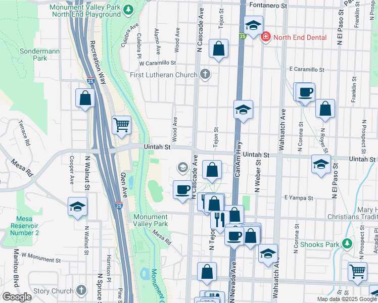 map of restaurants, bars, coffee shops, grocery stores, and more near 1196 North Cascade Avenue in Colorado Springs