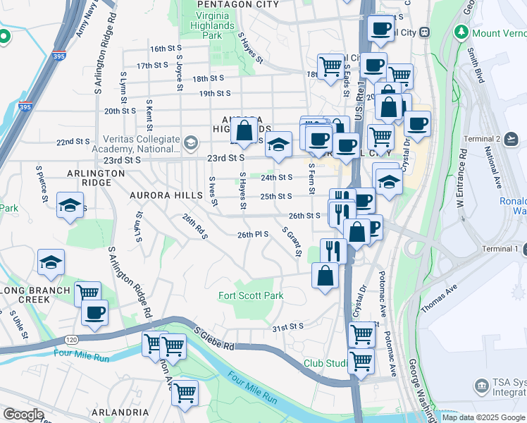 map of restaurants, bars, coffee shops, grocery stores, and more near 721 26th Street South in Arlington
