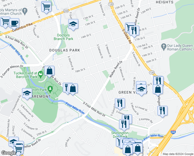 map of restaurants, bars, coffee shops, grocery stores, and more near 1917 South Quincy Street in Arlington