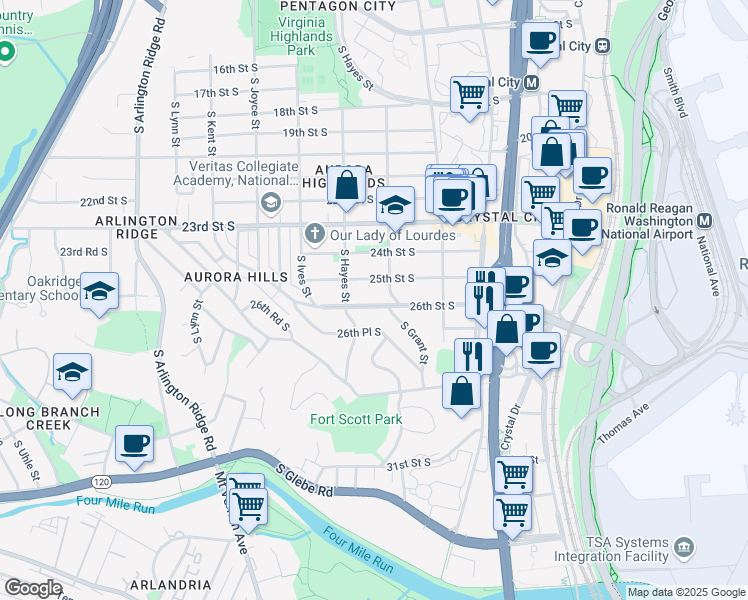 map of restaurants, bars, coffee shops, grocery stores, and more near 721 26th Street South in Arlington