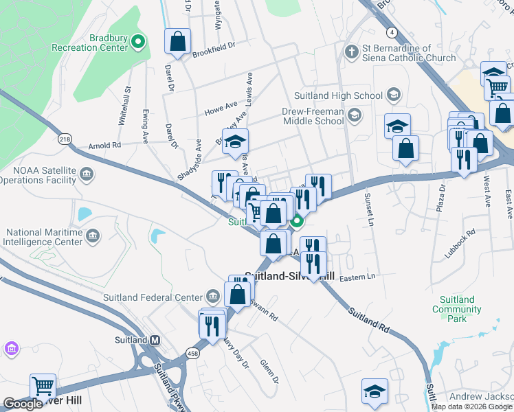map of restaurants, bars, coffee shops, grocery stores, and more near 2901 Toles Park Drive in Hillcrest Heights