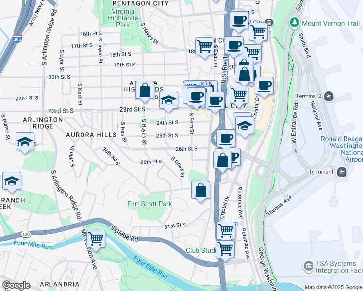 map of restaurants, bars, coffee shops, grocery stores, and more near 619 26th Street South in Arlington