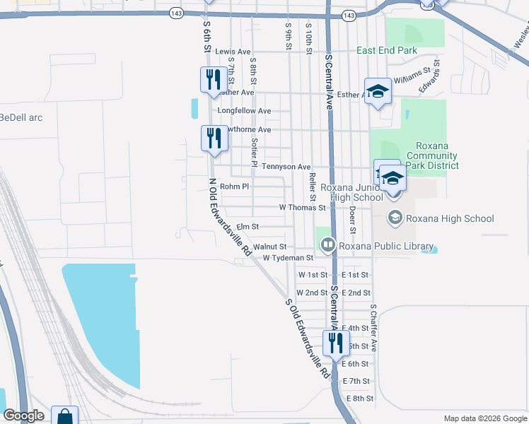 map of restaurants, bars, coffee shops, grocery stores, and more near 212 West Thomas Street in Roxana