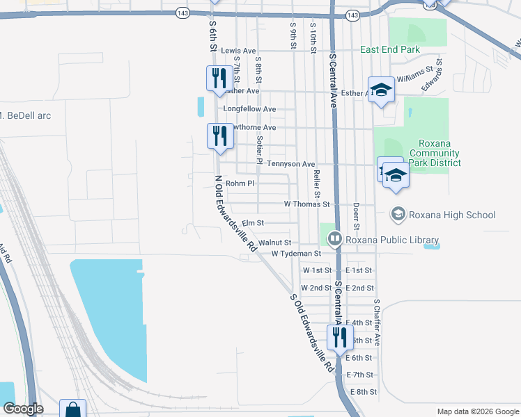 map of restaurants, bars, coffee shops, grocery stores, and more near 404 Clark Street in Roxana