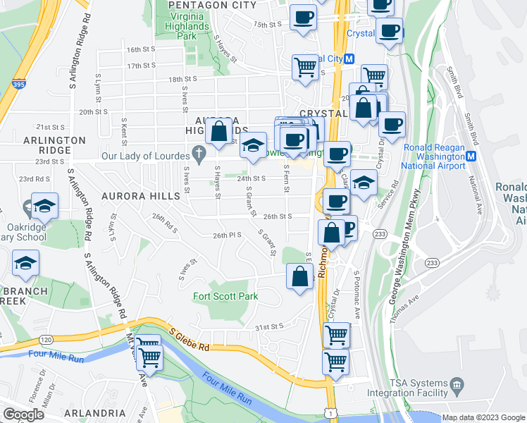map of restaurants, bars, coffee shops, grocery stores, and more near 629 26th Street South in Arlington