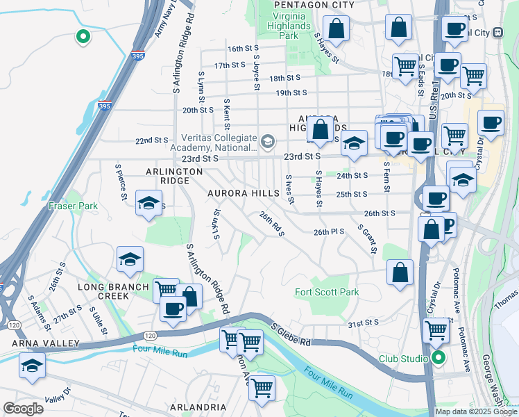 map of restaurants, bars, coffee shops, grocery stores, and more near 1047 26th Road South in Arlington