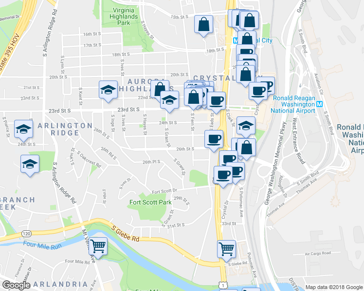 map of restaurants, bars, coffee shops, grocery stores, and more near 619 26th Street South in Arlington