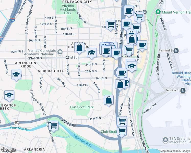 map of restaurants, bars, coffee shops, grocery stores, and more near 629 26th Street South in Arlington