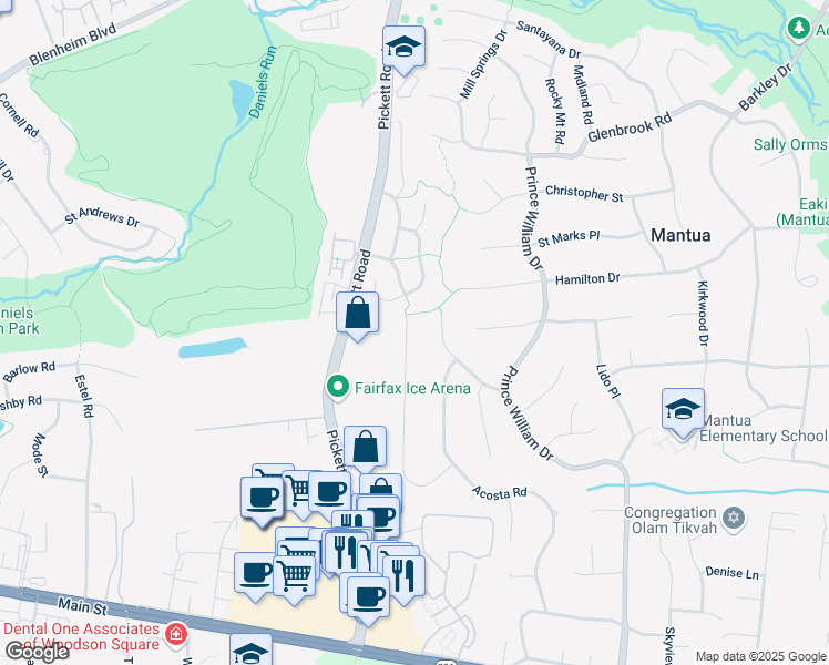 map of restaurants, bars, coffee shops, grocery stores, and more near 9368 Tovito Drive in Fairfax