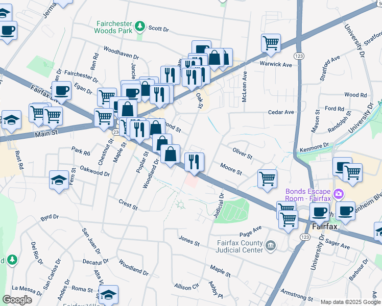 map of restaurants, bars, coffee shops, grocery stores, and more near 3990 Norton Place in Fairfax