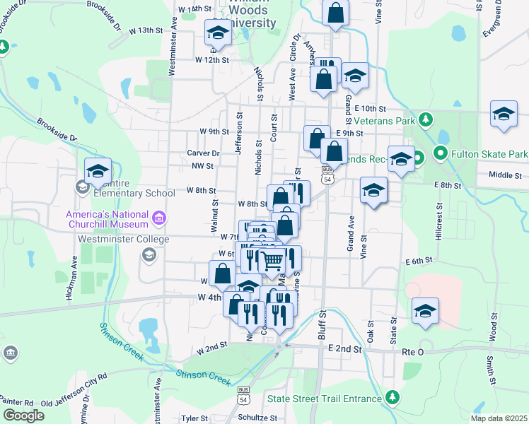 map of restaurants, bars, coffee shops, grocery stores, and more near 802 Nichols Street in Fulton