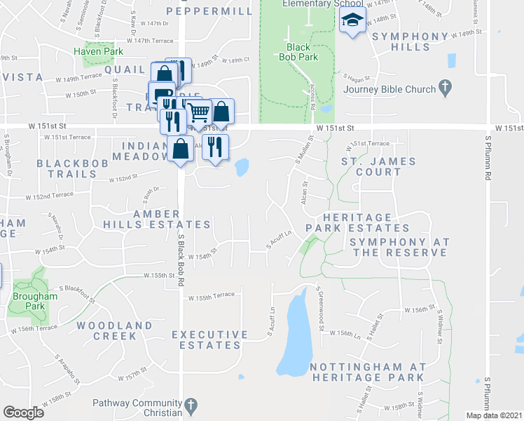 map of restaurants, bars, coffee shops, grocery stores, and more near 15246 South Acuff Street in Olathe