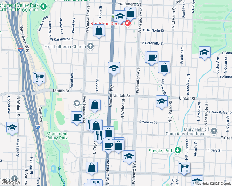 map of restaurants, bars, coffee shops, grocery stores, and more near 1231 North Nevada Avenue in Colorado Springs