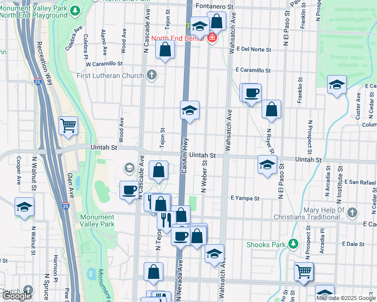 map of restaurants, bars, coffee shops, grocery stores, and more near 1231 North Nevada Avenue in Colorado Springs