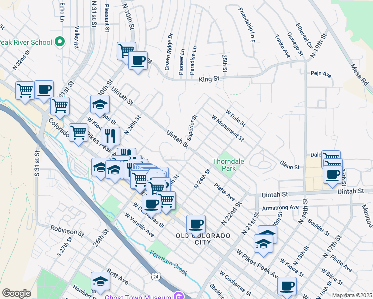 map of restaurants, bars, coffee shops, grocery stores, and more near 510 Superior Street in Colorado Springs