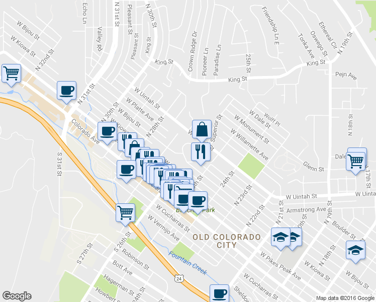 map of restaurants, bars, coffee shops, grocery stores, and more near 212 Crown High Court in Colorado Springs