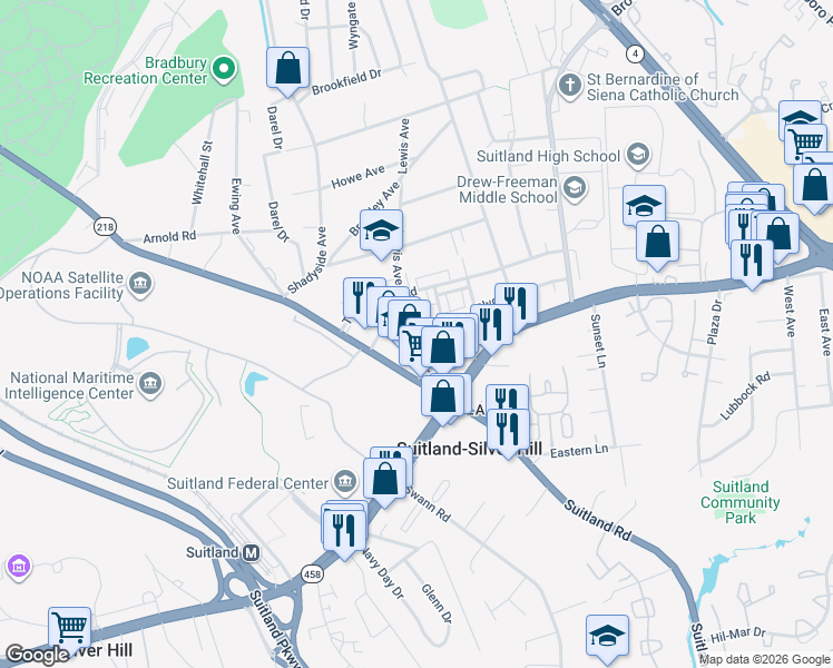 map of restaurants, bars, coffee shops, grocery stores, and more near 2901 Toles Park Drive in Hillcrest Heights