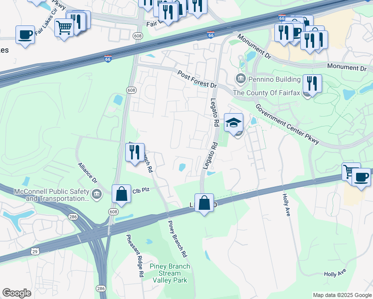 map of restaurants, bars, coffee shops, grocery stores, and more near 12181 Caldicot Lane in Fairfax