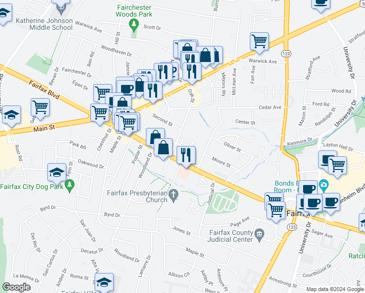map of restaurants, bars, coffee shops, grocery stores, and more near 3994 Norton Place in Fairfax