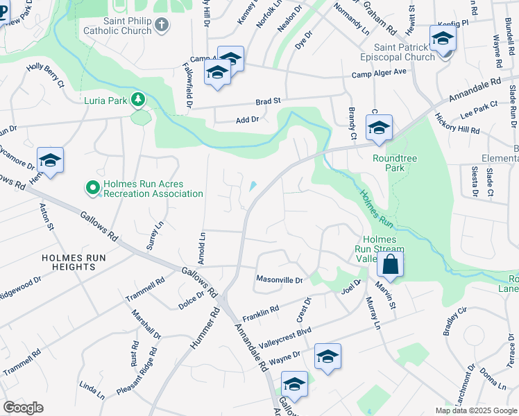 map of restaurants, bars, coffee shops, grocery stores, and more near 3437 Annandale Road in Falls Church