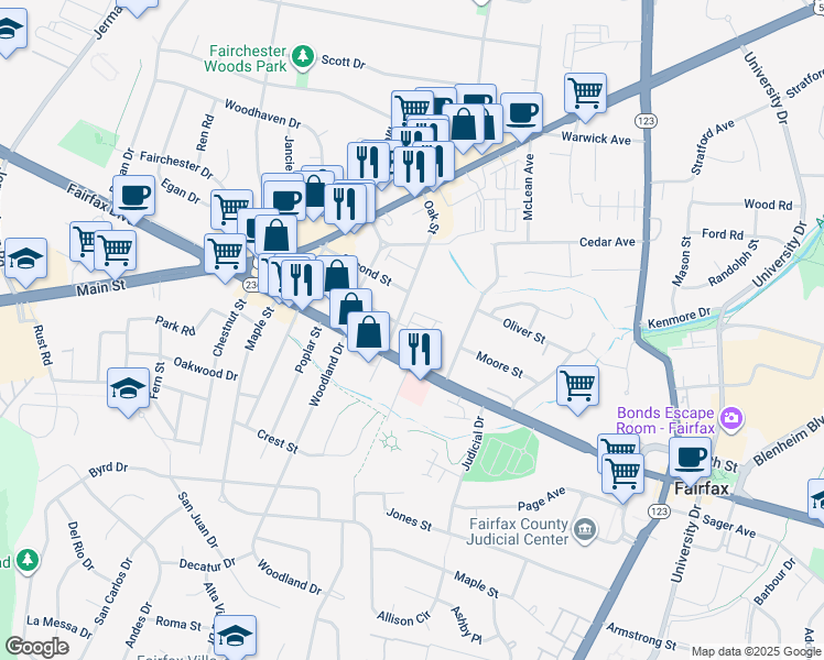 map of restaurants, bars, coffee shops, grocery stores, and more near 3994 Norton Place in Fairfax