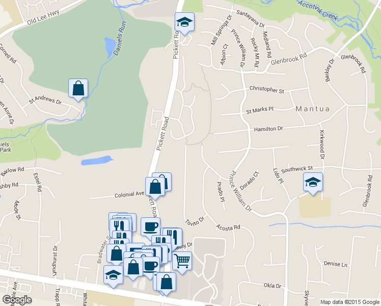 map of restaurants, bars, coffee shops, grocery stores, and more near 9368 Tovito Drive in Fairfax