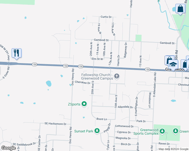 map of restaurants, bars, coffee shops, grocery stores, and more near 1906 Choctaw Drive in Greenwood