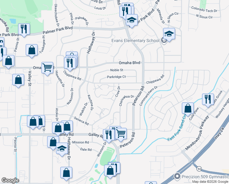 map of restaurants, bars, coffee shops, grocery stores, and more near 1363 Soaring Eagle Drive in Colorado Springs