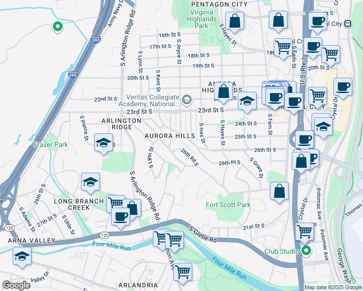 map of restaurants, bars, coffee shops, grocery stores, and more near 1047 26th Road South in Arlington