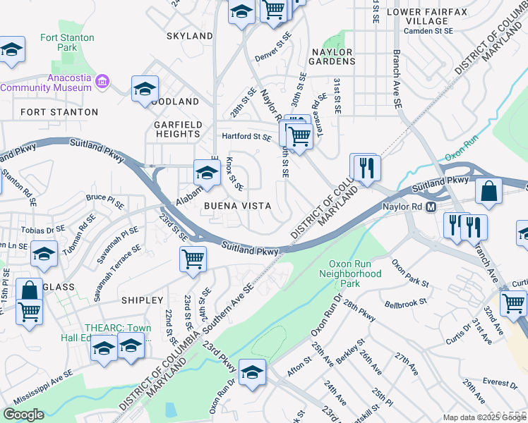 map of restaurants, bars, coffee shops, grocery stores, and more near 3209 Buena Vista Terrace Southeast in Washington