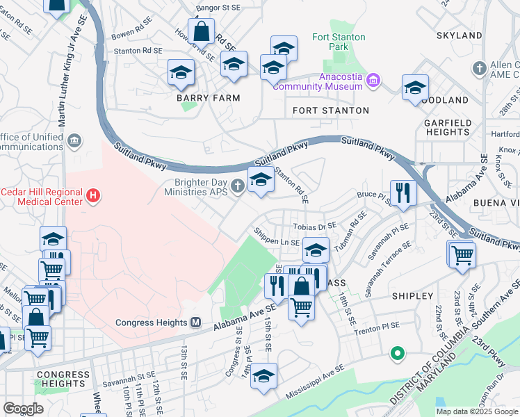 map of restaurants, bars, coffee shops, grocery stores, and more near 1400 Bruce Place Southeast in Washington