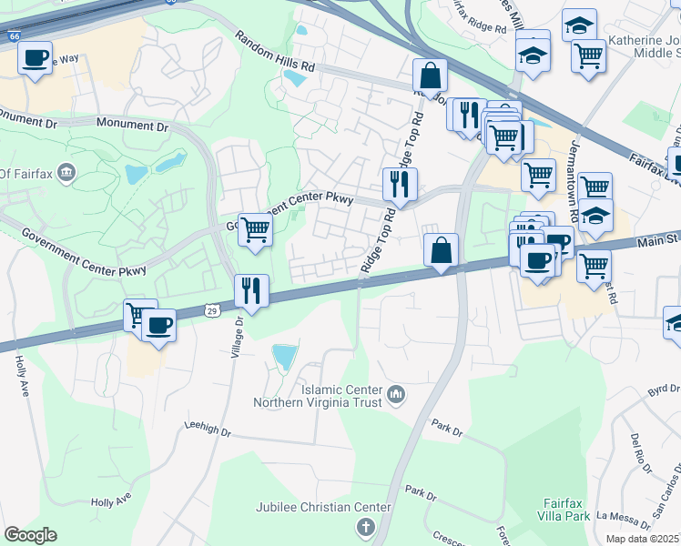 map of restaurants, bars, coffee shops, grocery stores, and more near 11503 Sperrin Circle in Fairfax