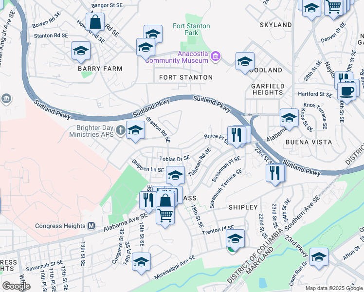 map of restaurants, bars, coffee shops, grocery stores, and more near 1807 Bruce Place Southeast in Washington