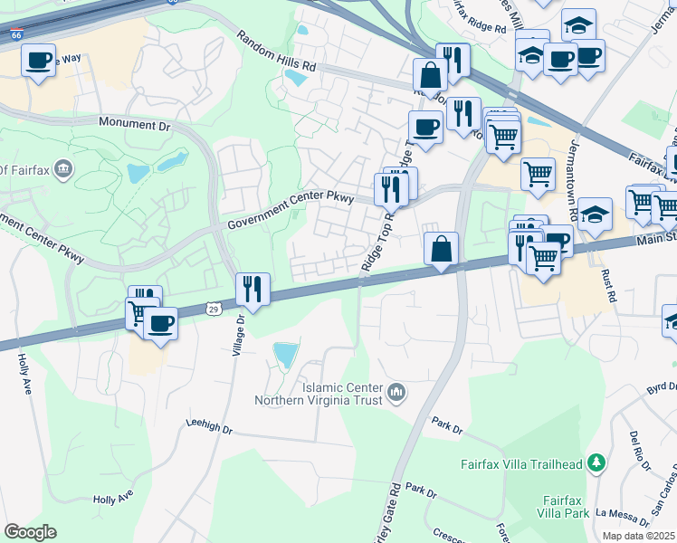 map of restaurants, bars, coffee shops, grocery stores, and more near 11503 Sperrin Circle in Fairfax