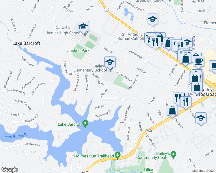 map of restaurants, bars, coffee shops, grocery stores, and more near Beachway Dr & Blair Rd in Lake Barcroft