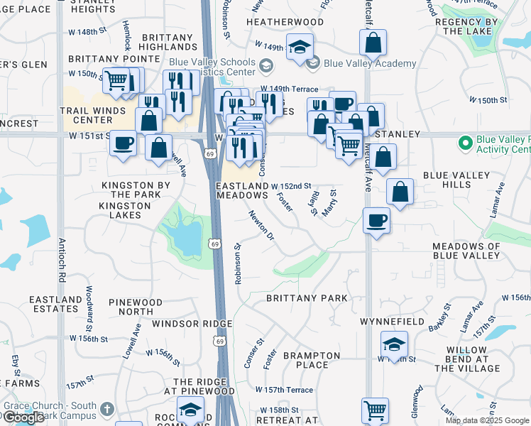 map of restaurants, bars, coffee shops, grocery stores, and more near 15271 Conser Street in Overland Park