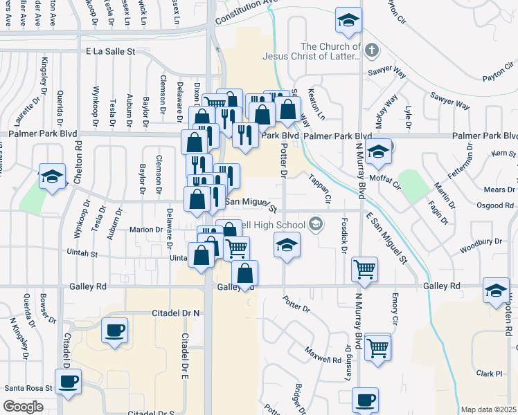 map of restaurants, bars, coffee shops, grocery stores, and more near 3933 East San Miguel Street in Colorado Springs