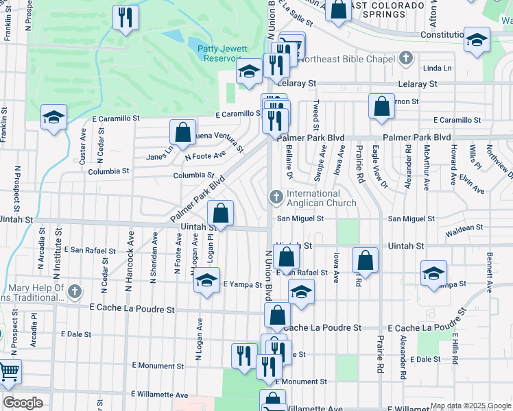 map of restaurants, bars, coffee shops, grocery stores, and more near 1314 Hillcrest Avenue in Colorado Springs