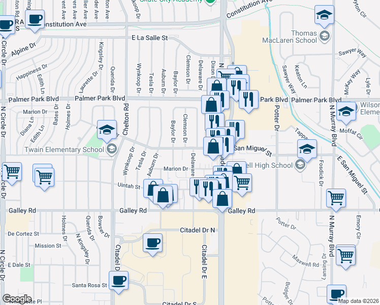 map of restaurants, bars, coffee shops, grocery stores, and more near 1228 Delaware Drive in Colorado Springs