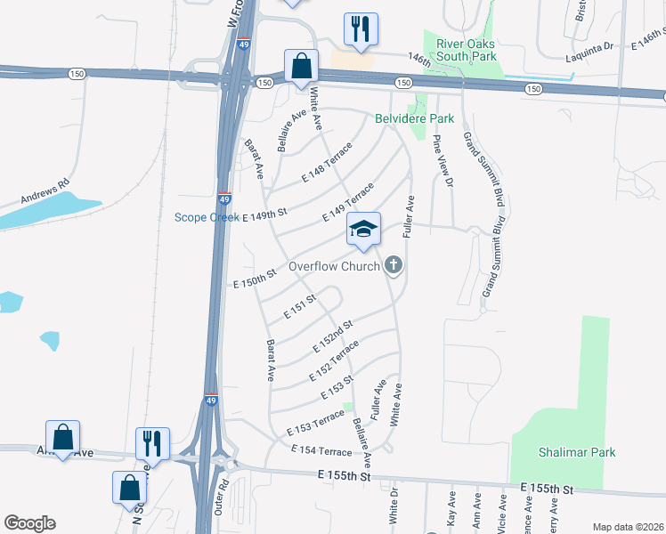 map of restaurants, bars, coffee shops, grocery stores, and more near 6205 East 150th Terrace in Grandview