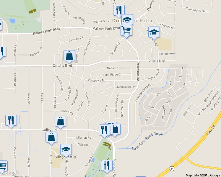 map of restaurants, bars, coffee shops, grocery stores, and more near 1363 Soaring Eagle Drive in Colorado Springs