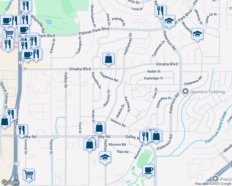 map of restaurants, bars, coffee shops, grocery stores, and more near 1379 Nokomis Drive in Colorado Springs