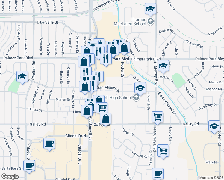 map of restaurants, bars, coffee shops, grocery stores, and more near 3920 East San Miguel Street in Colorado Springs