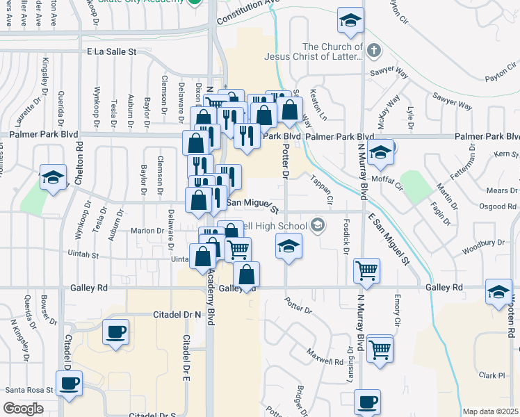 map of restaurants, bars, coffee shops, grocery stores, and more near 3920 East San Miguel Street in Colorado Springs